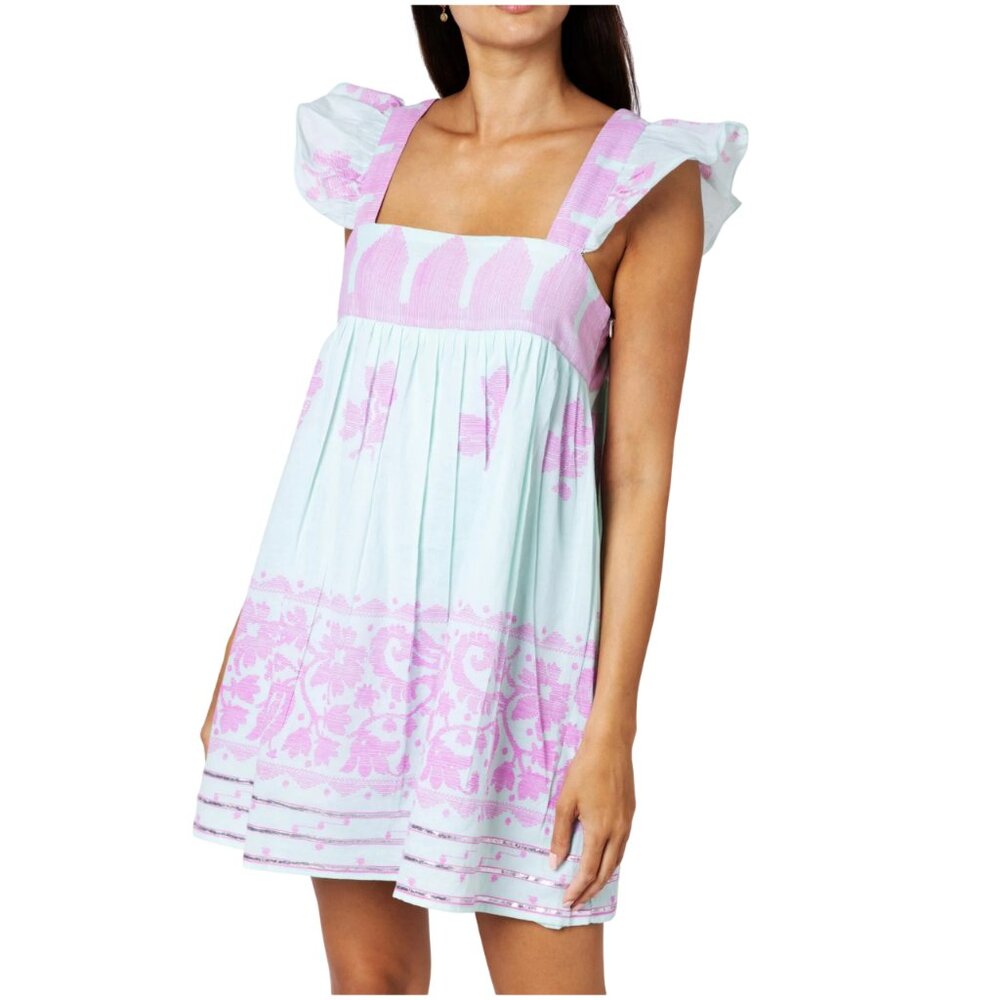 Juliet Dunn Dhaka Print Baby Doll Dress size 2 US 6 S M Aqua Violet green purple